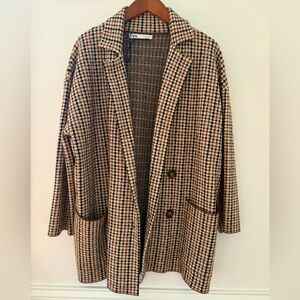 ZARA Camel Houndstooth Oversized Coat Double Breasted Blazer Women Jacket Size S
